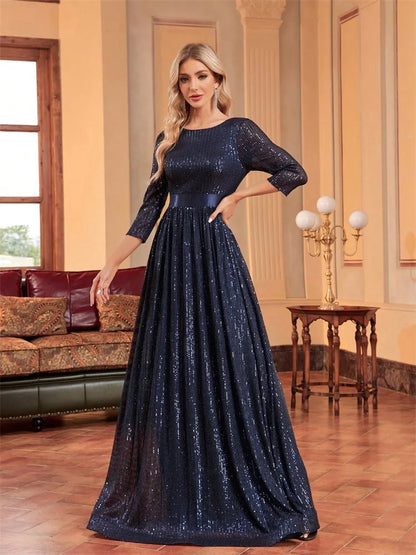 Luxury O-Neck Long Sleeves Blue A-line Sequins Formal Evening Dresses Women V-back Slim Wedding Party Prom Maxi Cocktail Gowns