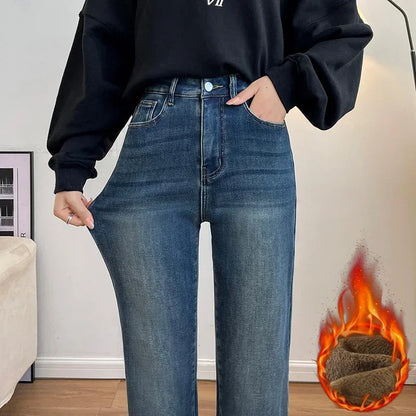 Women's Velvet Jeans Loose Straight Warm Soft Fleece Pants