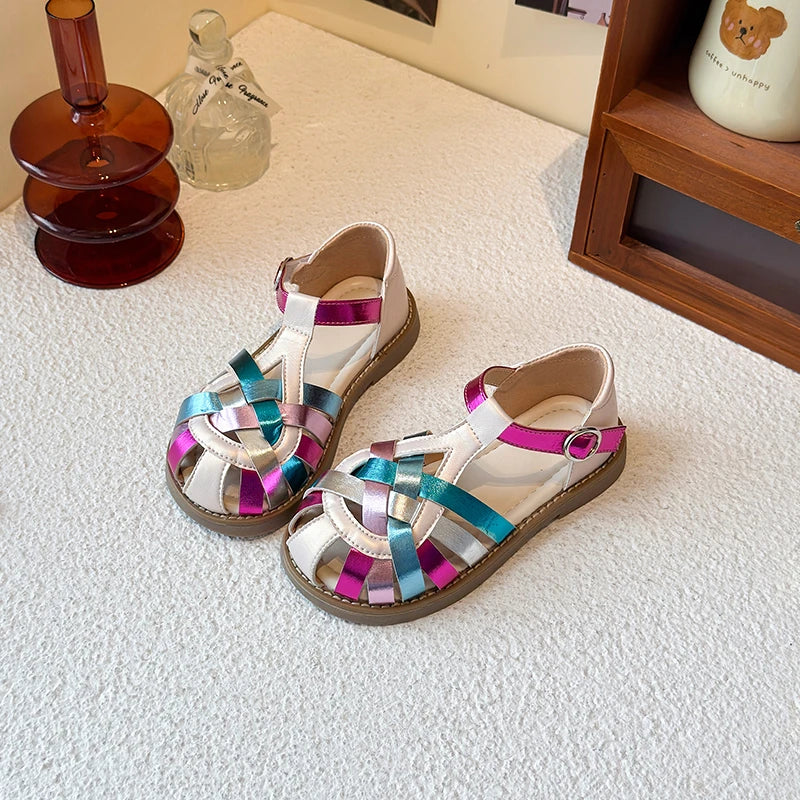 2026 Summer New Children's Shoes Knitted Sandals for Girls with Round Head Anti Slip Soft Bottom Comfortable Fashion Sandals