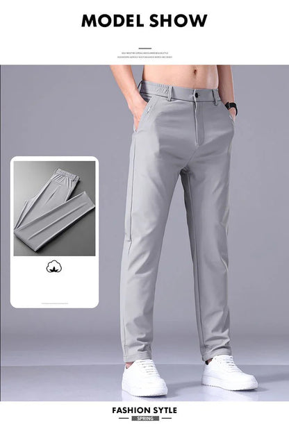 Ultra-thin Elastic Men's Casual Trousers Summer Quick-drying Ice Silk Slim Straight Business Solid Color Trousers Black Gray