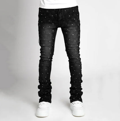 Men's denim fashion personality straight leg men's pants European and American fashion Instagram hot item elastic pearl denim la