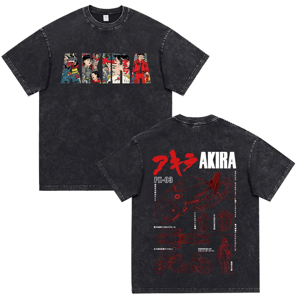 Japanese Anime Akira Washed Vintage T Shirt Science Fiction Cartoon Movie Shotaro Kaneda T-shirt Men Women Cotton Casual T-shirt