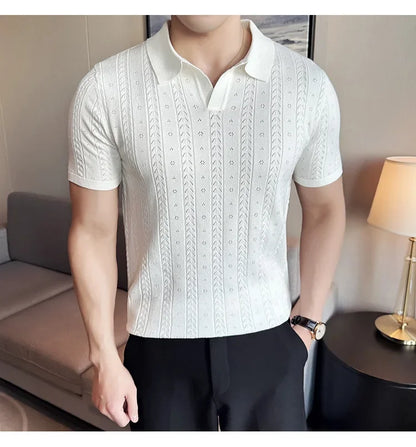 Men's Polo Shirt, Striped Jacquard Knit Short Sleeve, T-shirt V-neck Solid Color Elastic Top 2024. M-3XL,Summer Purple Thin