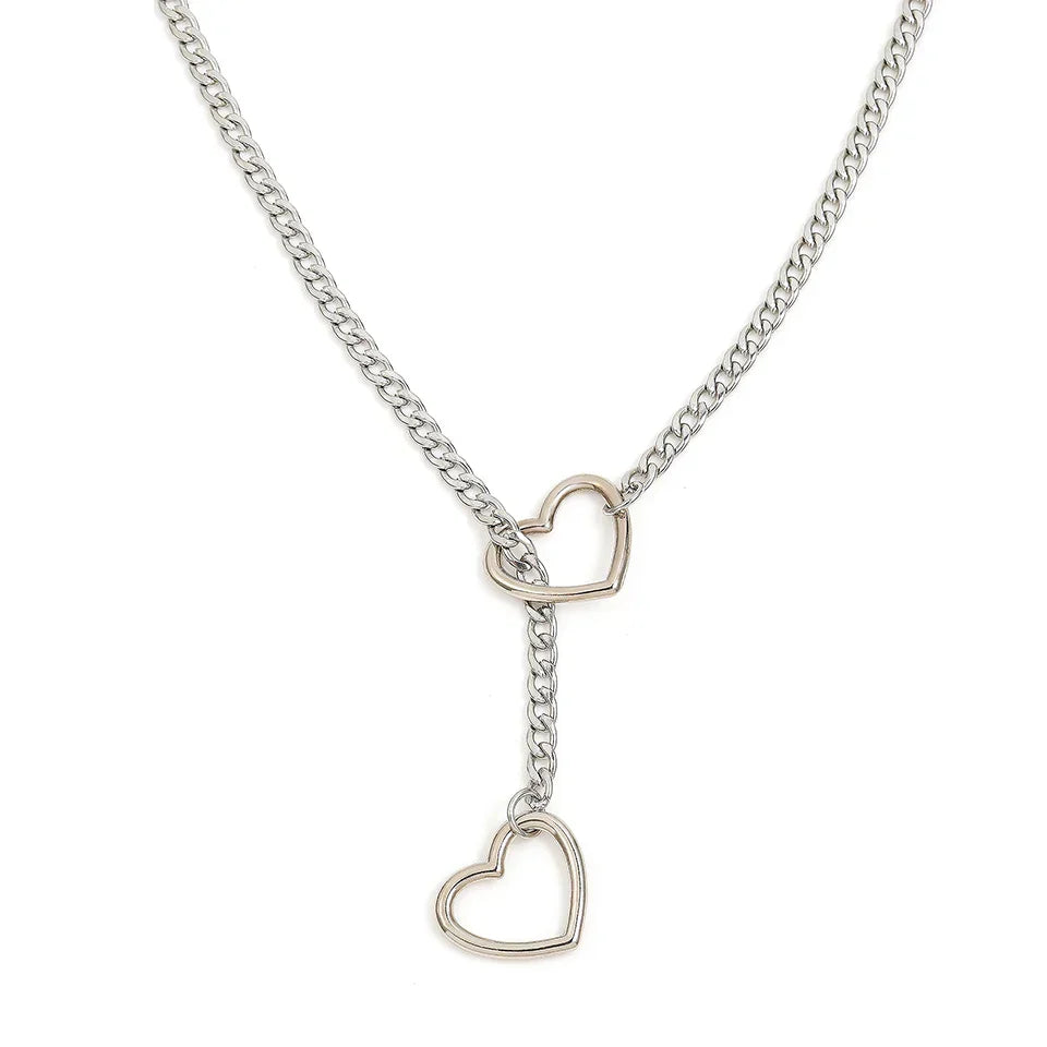 Adjustable Stainless Steel Cuban Link Necklace Hollow Heart Y-Shaped Necklace Punk Rock Style Party Accessories