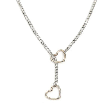 Adjustable Stainless Steel Cuban Link Necklace Hollow Heart Y-Shaped Necklace Punk Rock Style Party Accessories