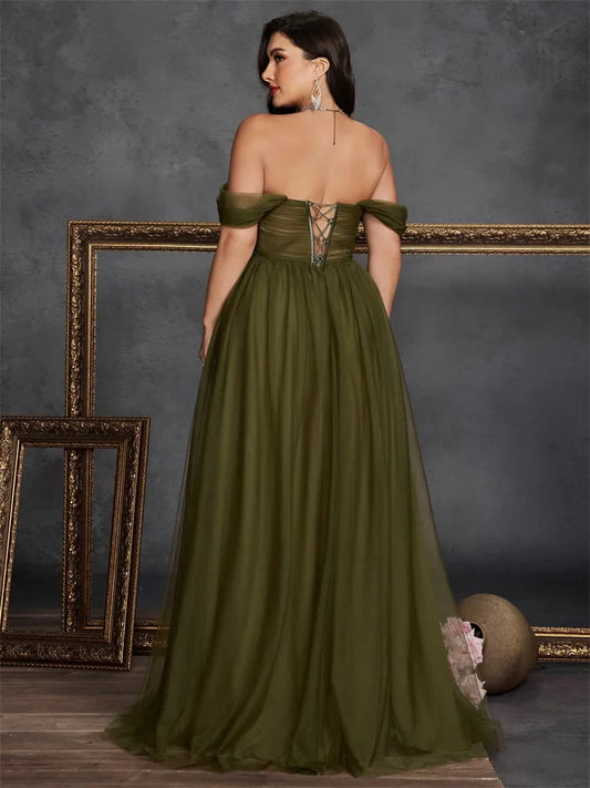 Plus Size Elegant Sleeveless Tulle Slit Evening Dresses Luxury off-the-shoulder Formal Bridesmaid Party Maxi Gowns