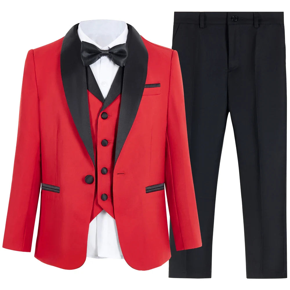Regular Fit Boy's Formal Suit Set, 4 Pieces Smart Suits For Kid From 3 To 14 Years Shawl Neck Wedding Guest Outfit For Children