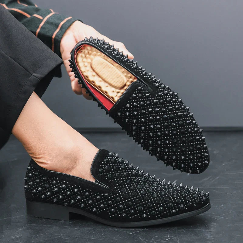 Hairdresser personality trend rivet hot diamond Loafers men's British vintage rhinestone shoe hipster leather shoes