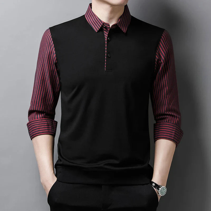 New Men's Casual and Fashionable Long Sleeved POLO Shirt with Contrasting Print Anti Wrinkle Top