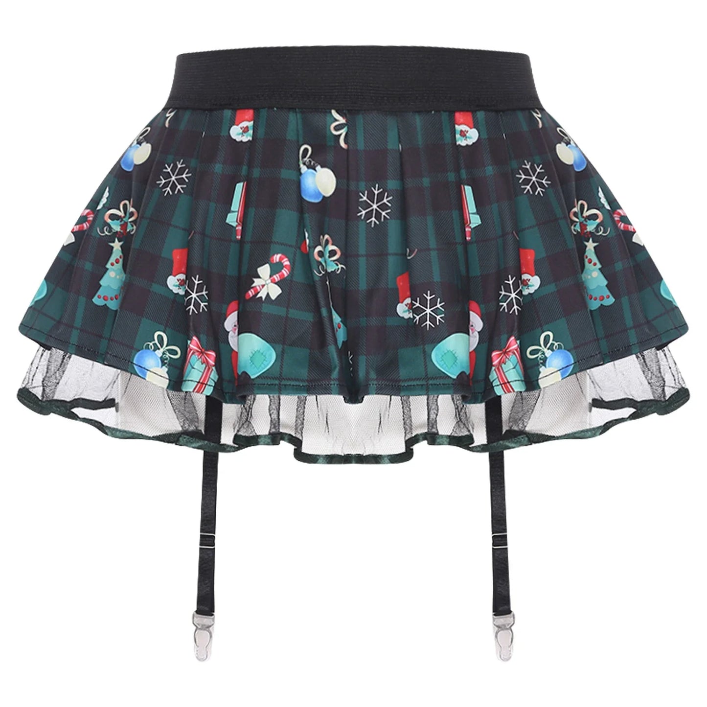Women's Miniskirt with Garters Schoolgirl Cosplay Costume Plaid Layer with Tulle Lining Elastic Waistband Short Skirt Clubwear