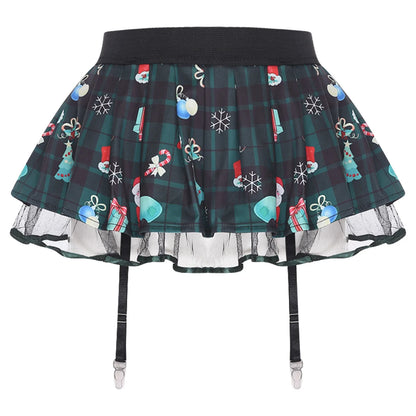 Women's Miniskirt with Garters Schoolgirl Cosplay Costume Plaid Layer with Tulle Lining Elastic Waistband Short Skirt Clubwear