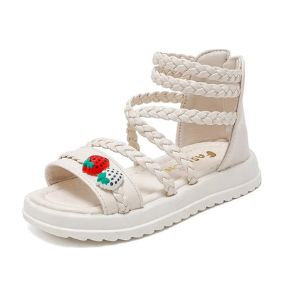 Kids Girls GLADIATOR Sandals Open Toe Knitted Strawberry Summer Non Slip Flat Fashion Children Casual Shoes Roman Shoes Simple