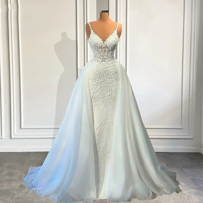Customized V Neck Mermaid Lace Wedding Dresses Sleeveless Illusion Beaded Satin Bridal Gowns with Detachable Train