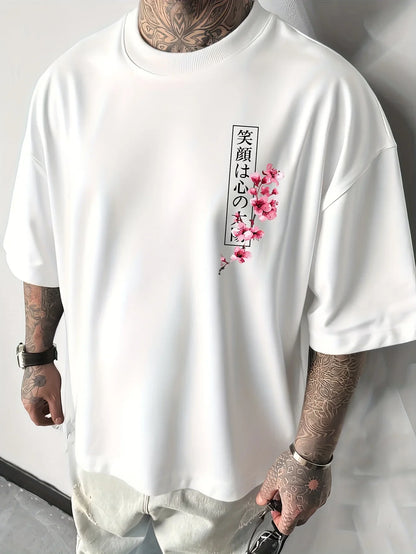 Japanese Cherry Blossom Print 100% Cotton Men Woment T-shirt Summer Autumn Daily Outdoor Sports Casual Loose Street Short-sleeve