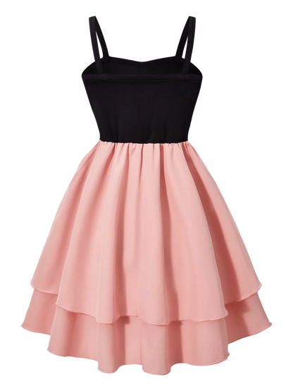 Girls' fashionable and elegant camisole dress for summer, girls' outdoor casual contrasting butterfly bow curved skirt dress