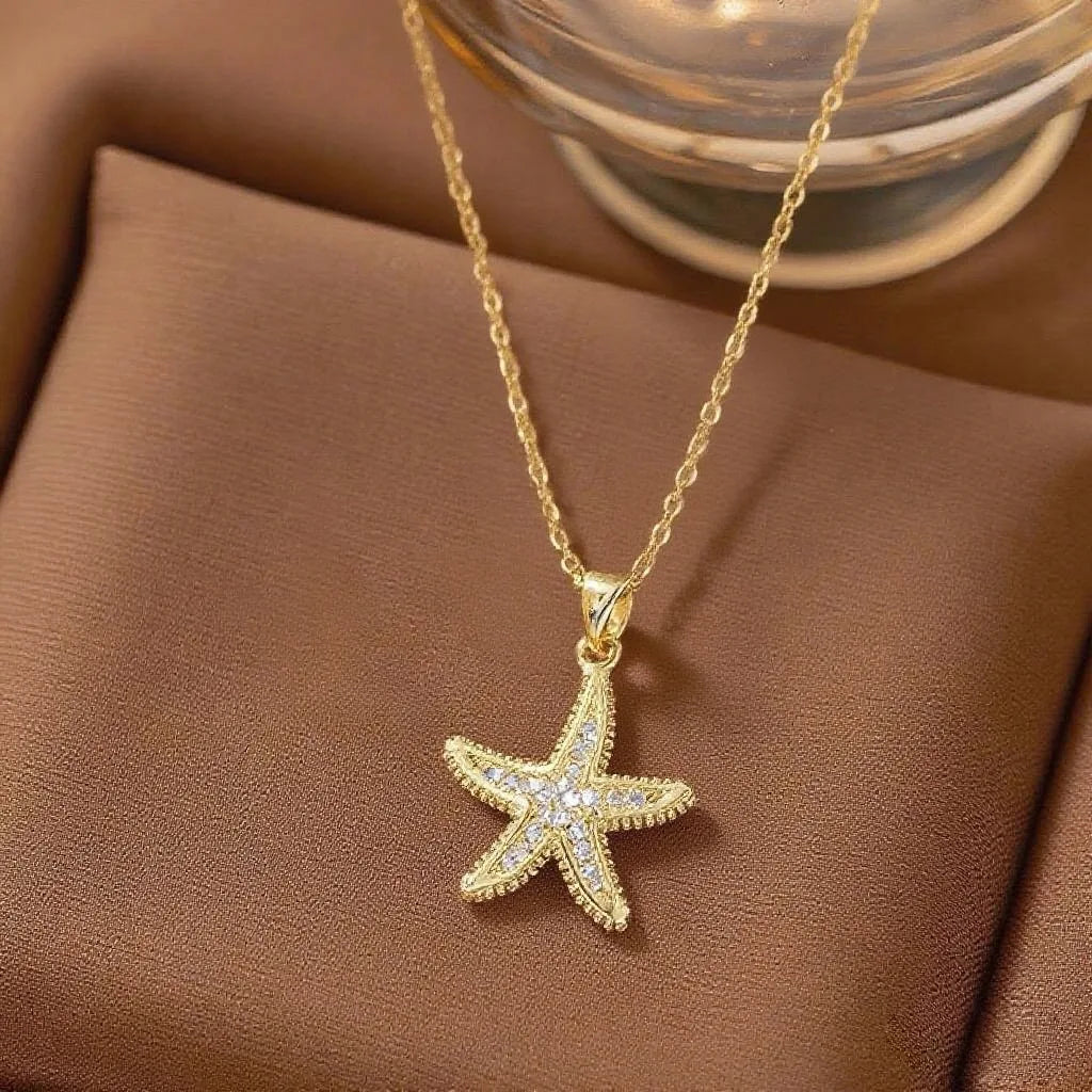 Stainless Steel Golden Inlaid Zircon Starfish Ocean Style 2pc Necklace Earrings Set Lady Fashion Waterproof Jewelry
