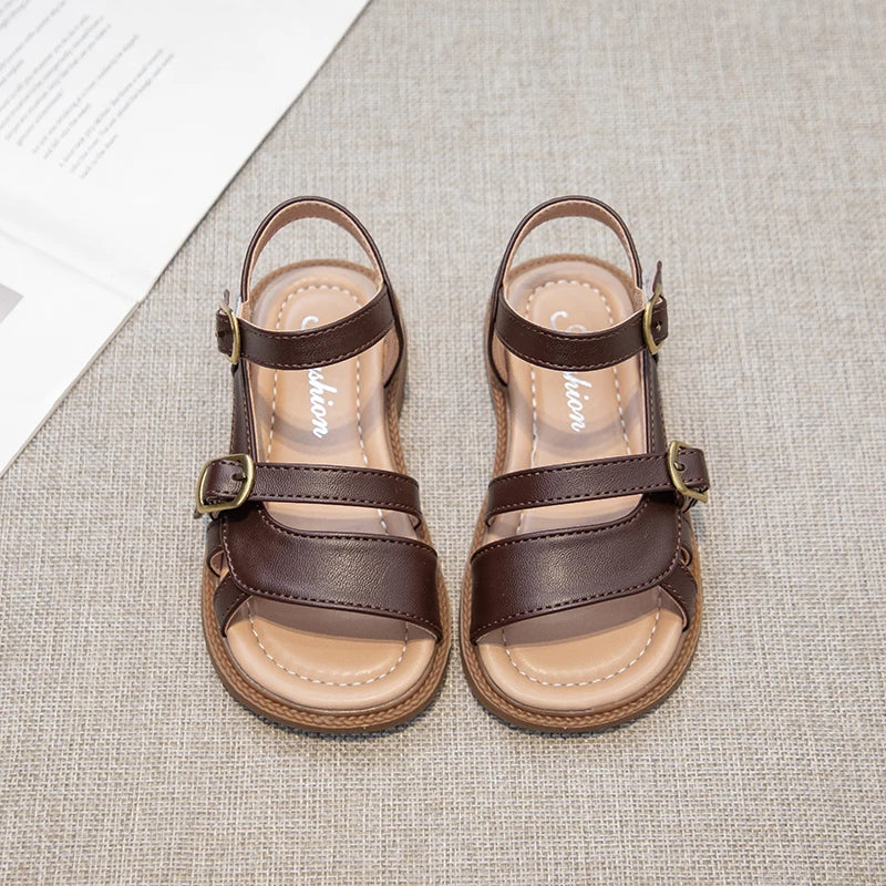 Girls Roman Sandals Open Toe Little Kids Leather Sandals with Buckle Open Toe Children Summer Beach Shoes Non-Slip Soft Sole