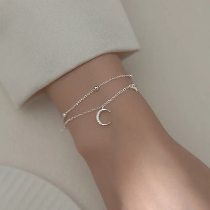 Silver Luxury Double Layer Stars Moon Sparkling Bracelet 925 Sterling Silver Chain Adjustable Bracelets For Women Jewelry