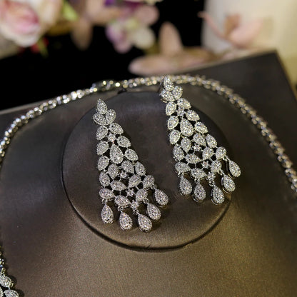 Gorgeous CZ Crystal Zirconia Luxury Silver Color Necklace Europe Bridal Wedding Party Dubai Jewelry Set for Women 2024
