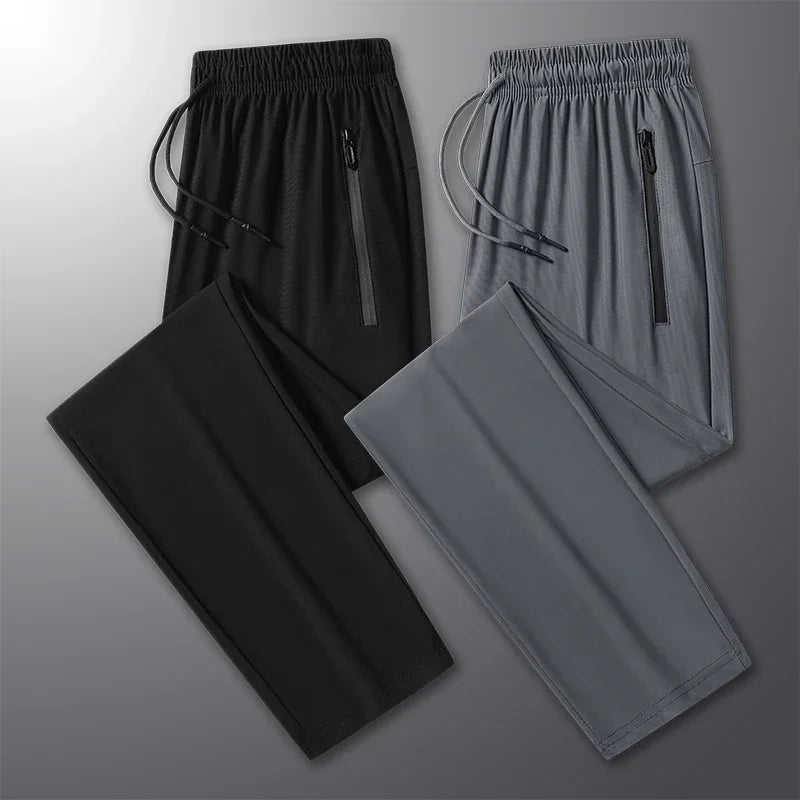 New High-quality Ice Silk Men Casual Straight Leg Pants Two-piece Set For Summer Lightweight Breathable Outdoor Sports Leggings
