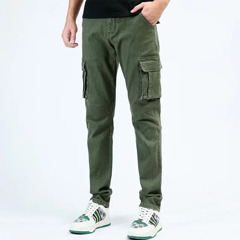 Men's Jeans Street Style Waist Denim Cargo Pants Solid Color Washed Slim Fit Casual Jeans with Multiple Pockets for Daily Wear