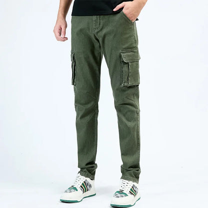 Men's Jeans Street Style Waist Denim Cargo Pants Solid Color Washed Slim Fit Casual Jeans with Multiple Pockets for Daily Wear