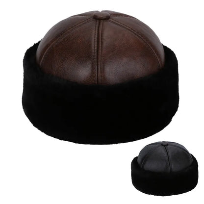 Retro Cowhide Bomber Hat Winter Keep Warm Caps Men Women Real Leather Cap Thick Velvet Dad Hat Leather Hat