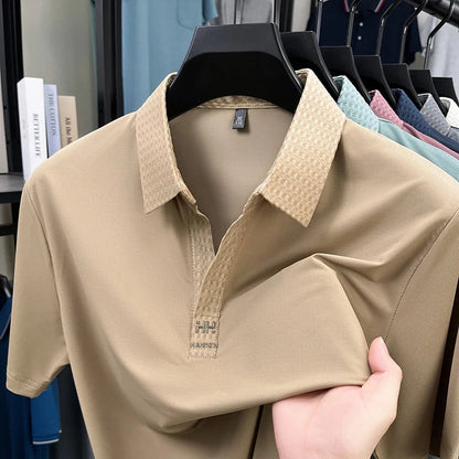 Fashion V-neck short sleeve T-shirt men's summer solid color silky smooth breathable personalized jacquard buttonless polo shirt