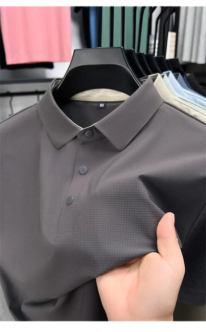 Summer Short Sleeve T-Shirt - Premium Jacquard Spandex, 7A Antibacterial, Seamless, Contrast Color, Split Hem, Wrinkle-Free Polo