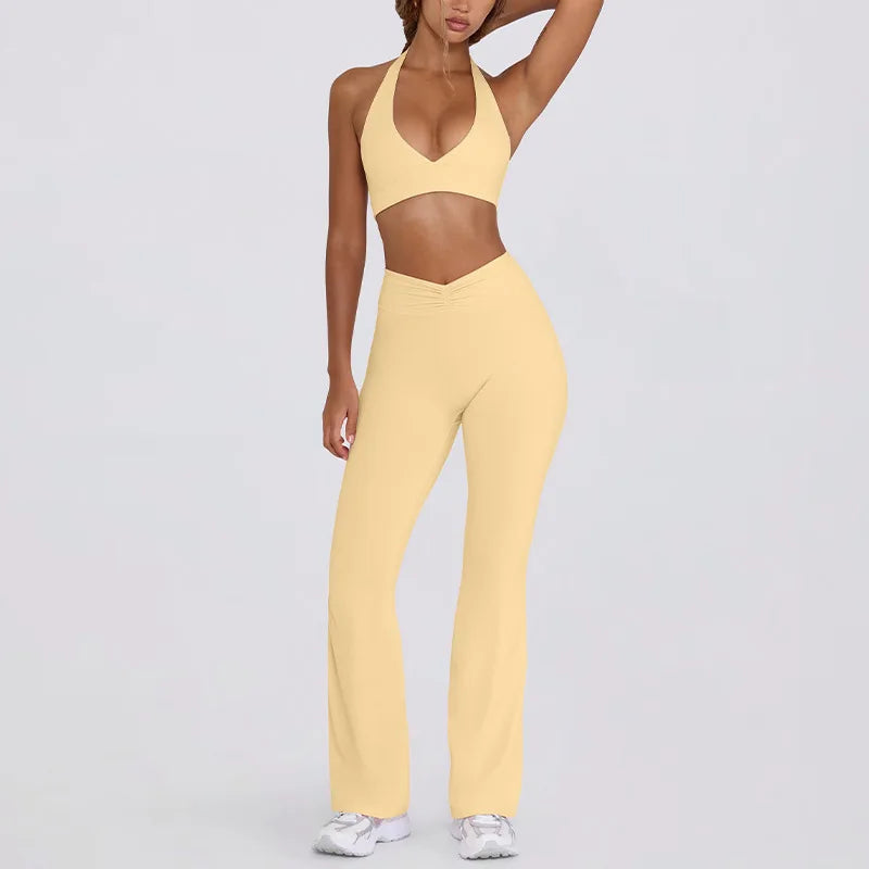 Women's Yoga Suits Camisole Backless Nude Beautiful Back Neck Hanging Bra Flared Pants Fitness Set