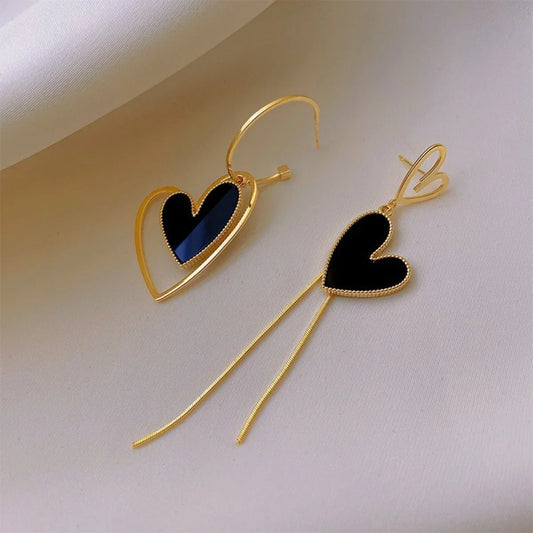 Korean Asymmetric Hollow Black Heart Dangle Earrings For Women Temperament Exaggerated Love Heart Drop Earrings Wedding Jewelry