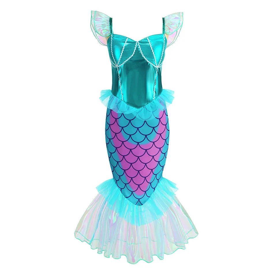 Blue Red Purple Three Colors Mermaid Flying Sleeve Fishtail Beautiful Dress For Girl Summer Beach Party Cool Swimsuit Set