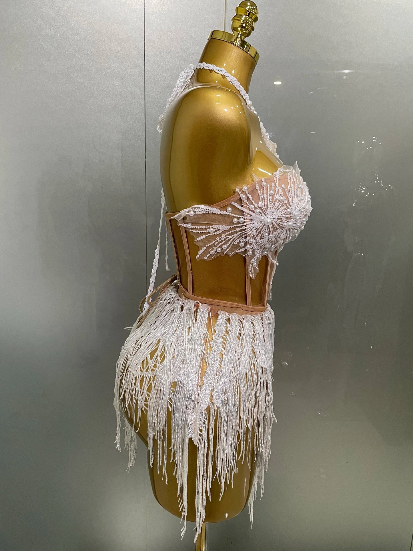 Pearl Sequins Tassel Sleeveless Glitter Mini Dress Women Singer Bar Nightclub Stage Performance Clothing Show Outfit