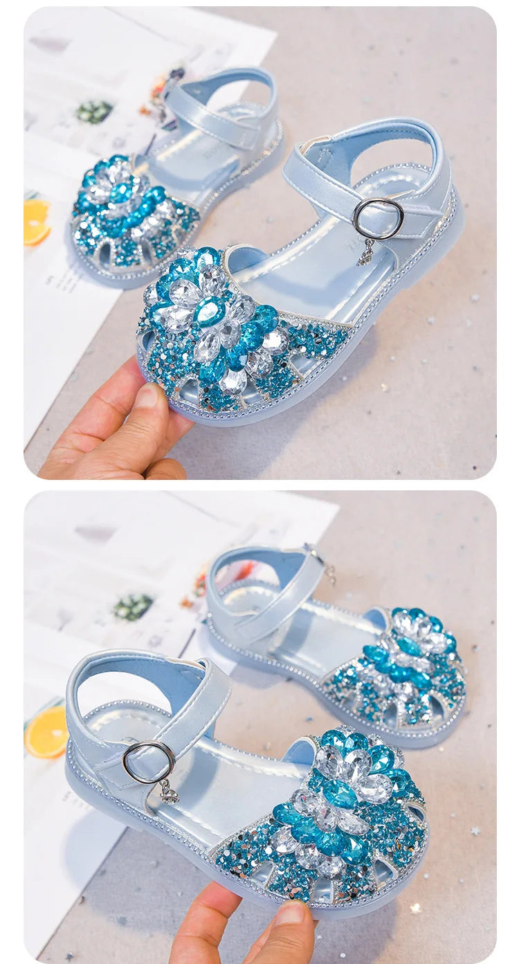 Girls Crystal Slip-On Shoes Soft Bottom Rhinestone Princess Flats Spring Autumn New Style Kids Lightweight Sweet Leather Shoes