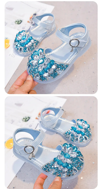 Girls Crystal Slip-On Shoes Soft Bottom Rhinestone Princess Flats Spring Autumn New Style Kids Lightweight Sweet Leather Shoes