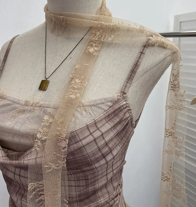 Y2K Plaid Camisole for Women Summer Casual Lace Scarf Breathable Stretch Mesh Patchwork Asymmetrical Ruffle Slim Tops