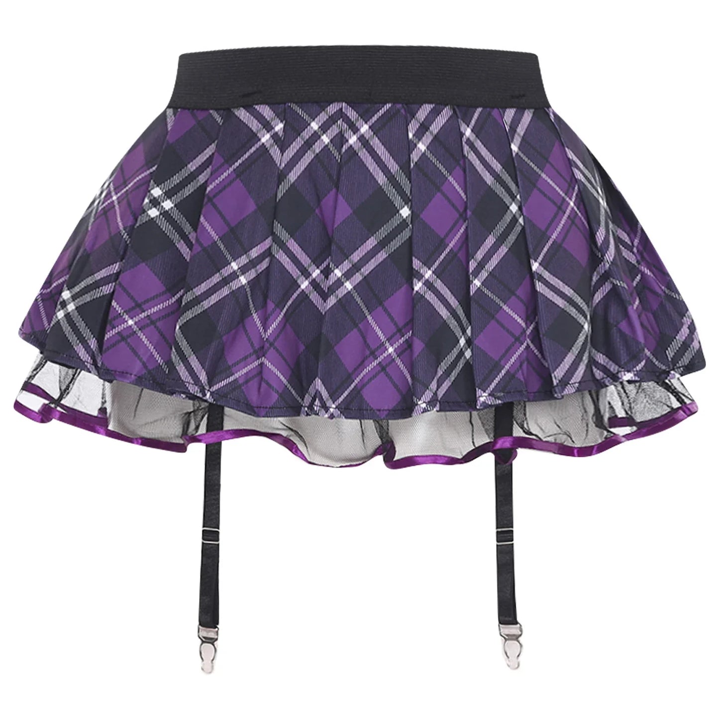 Women's Miniskirt with Garters Schoolgirl Cosplay Costume Plaid Layer with Tulle Lining Elastic Waistband Short Skirt Clubwear