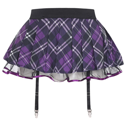 Women's Miniskirt with Garters Schoolgirl Cosplay Costume Plaid Layer with Tulle Lining Elastic Waistband Short Skirt Clubwear