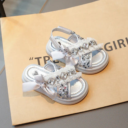 Kids Casual Shoes Fashion Sandals PU Leather Crystal Sequin Summer Shoes For Girls Breathable Silver Shoes Size 26-37
