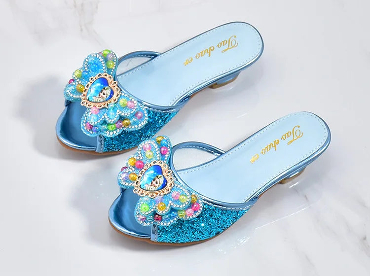 Girls High Heels Shoe Slippers Children Slippers Bow A Word Drag Sandals Soft Bottom Kids Party Wedding Performance Princes Shoe