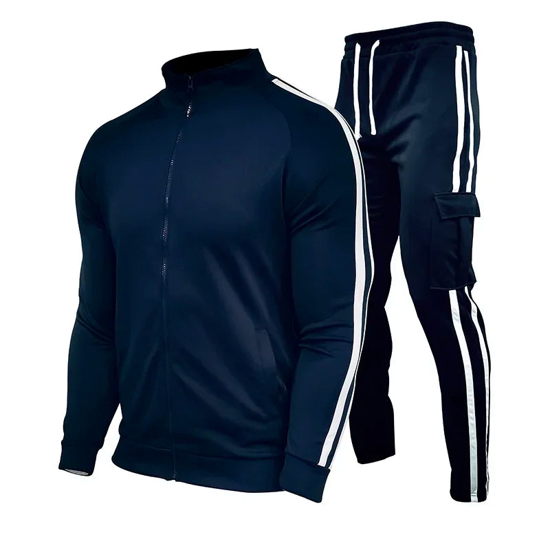 Spring and Autumn Men's Cardigan Striped Stand up Collar Sports Set Outdoor Jogging Cycling Mountaineering Two Piece Set