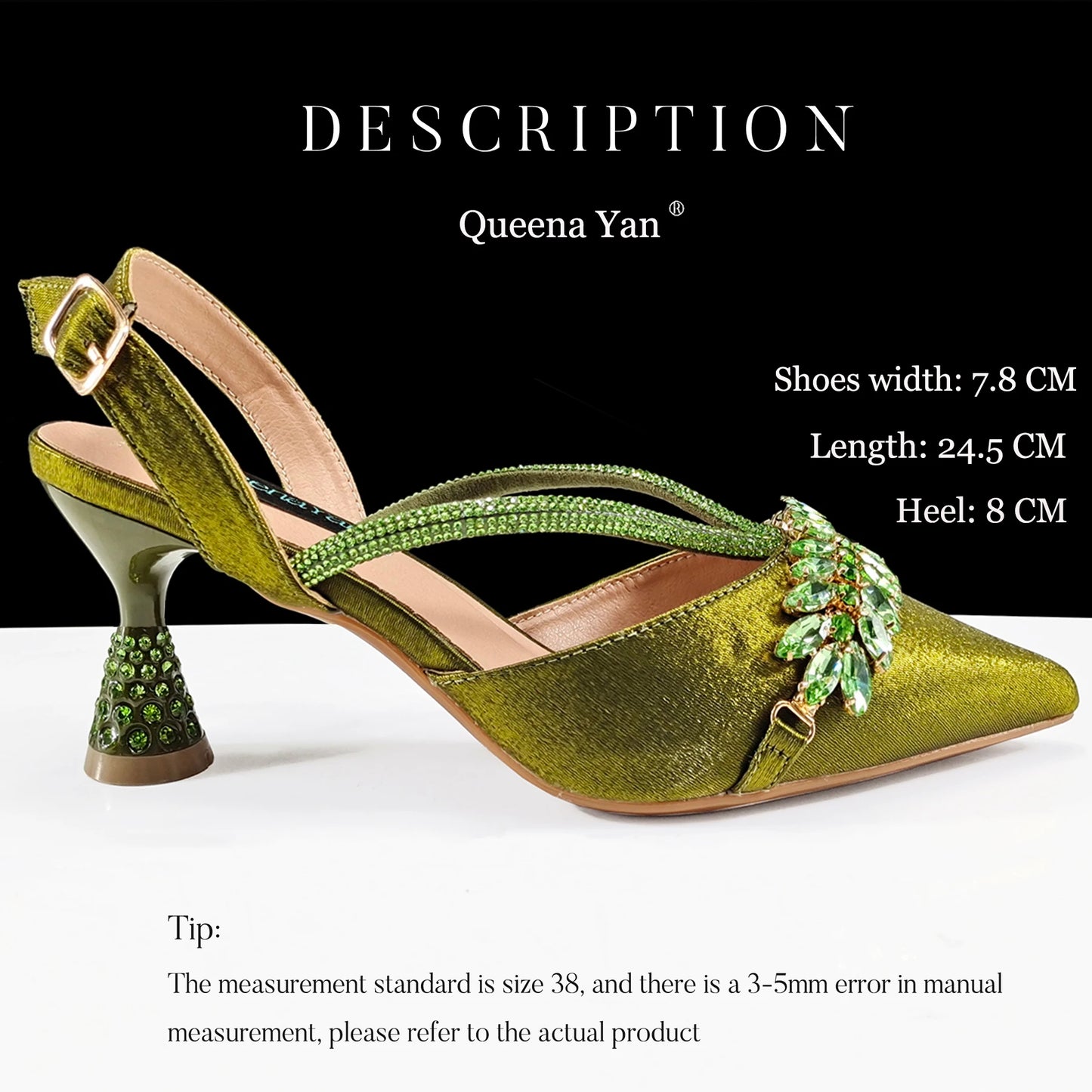 New Arrival Fashionable Olive Color Diamond Decorative Party Wedding Pointed Toe Women's High Heels and Bag Set