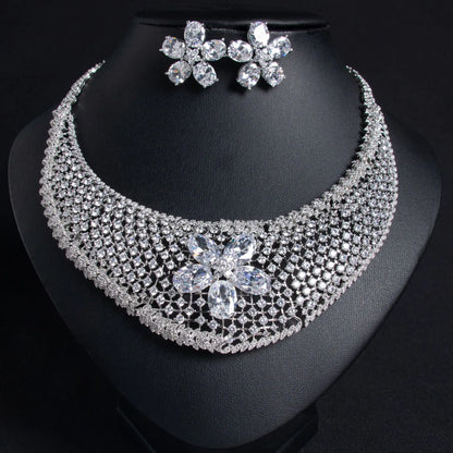 Cubic Zirconia Inlaid Hollow Leaf Flower Pendant Earrings and Necklace Jewelry Set