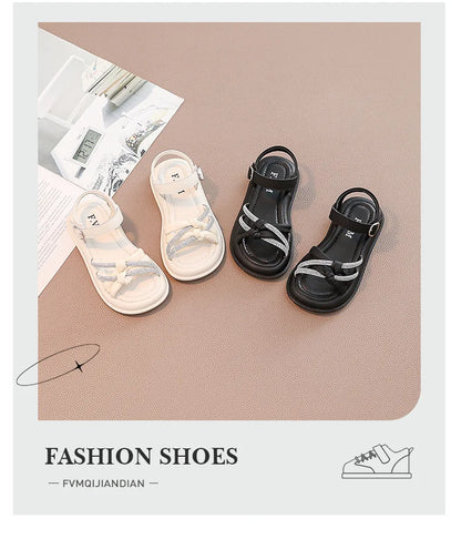 2026Summer Princess Girls Sandals Summer Children Beach Shoes Girls Open-toed Sandals Soft PU Leather Flat Kids Sandals For Girl