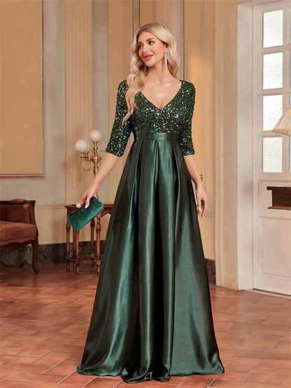 Elegant Short sleeve Sequins Evening Dresses 2025 Women Satin Prom Party Green Prom Floor Length Formal Cocktail Gown