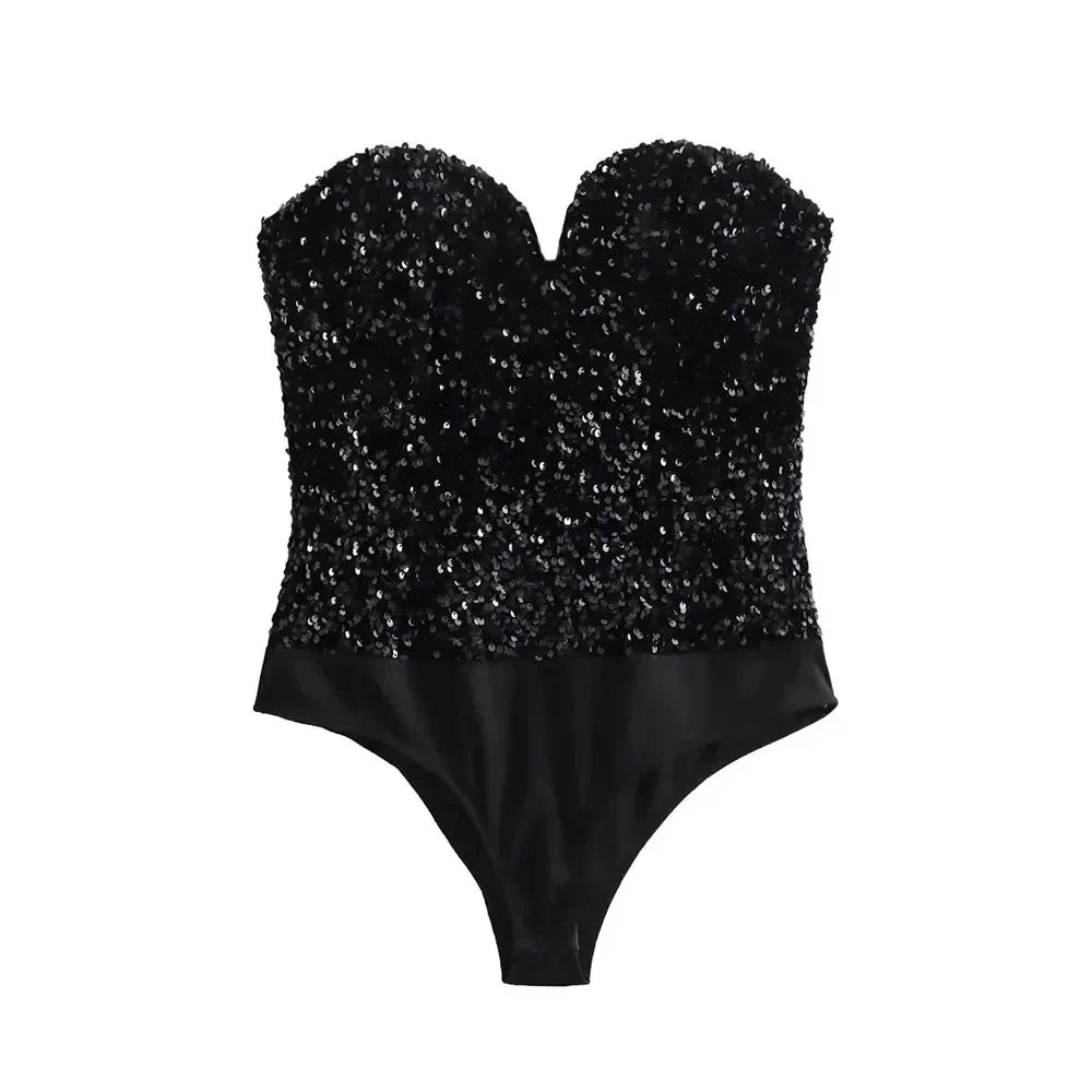 Strapless Sequin Bodysuits for Women, Backless Bodysuits, Sweetheart Neck, Female Playsuits, Sexy Fashion