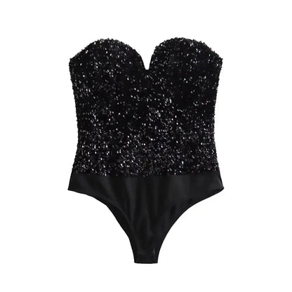 Strapless Sequin Bodysuits for Women, Backless Bodysuits, Sweetheart Neck, Female Playsuits, Sexy Fashion