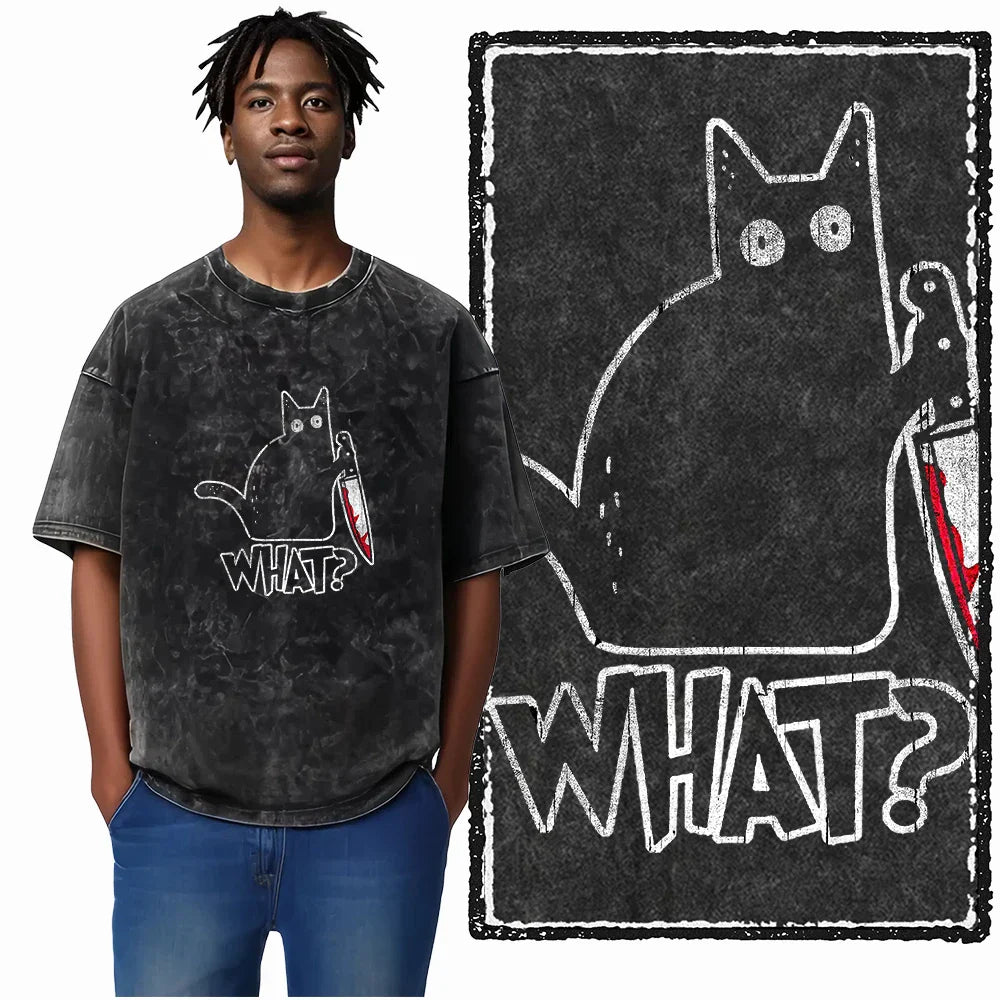 cat Printed Cotton Acid Washed Exclusive Graphic Unisex T Shirt Cool Streetwear Men Tshirts Big Size Tee for men