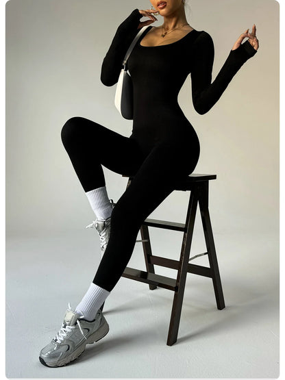 Women's one-piece yoga suit black jumpsuit long sleeved bodysuit sexy and fashionable streetwear casual sports bodysuit