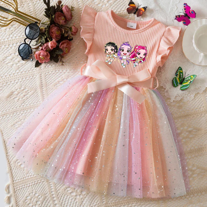 K-Pop Hunters Zoey Mira Rumi Girls Flying Sleeves Bow Sequin Dress Kids Baby Girl Birthday Party Fluffy Tutu Princess Dress 1-5Y
